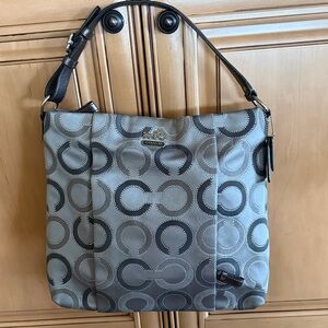 Coach Signature Pattern Gray Shoulder Bag Coach C on bag are shimmering